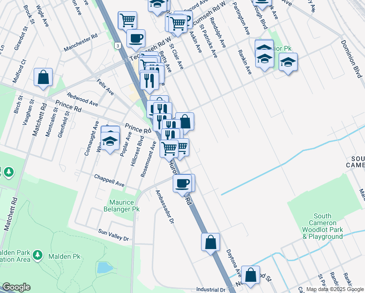 map of restaurants, bars, coffee shops, grocery stores, and more near in Windsor