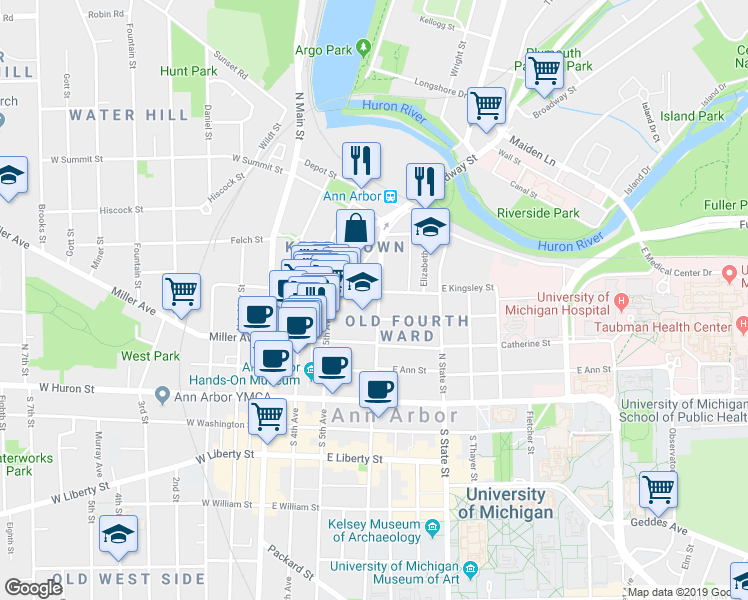 map of restaurants, bars, coffee shops, grocery stores, and more near 407 East Kingsley Street in Ann Arbor