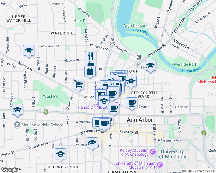 map of restaurants, bars, coffee shops, grocery stores, and more near 500 North Main Street in Ann Arbor