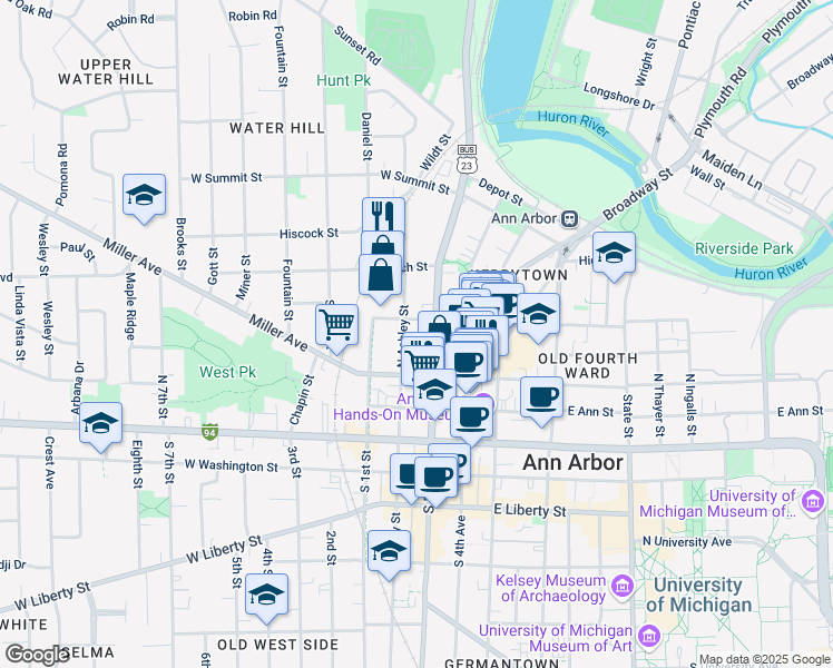 map of restaurants, bars, coffee shops, grocery stores, and more near 122 West Kingsley Street in Ann Arbor