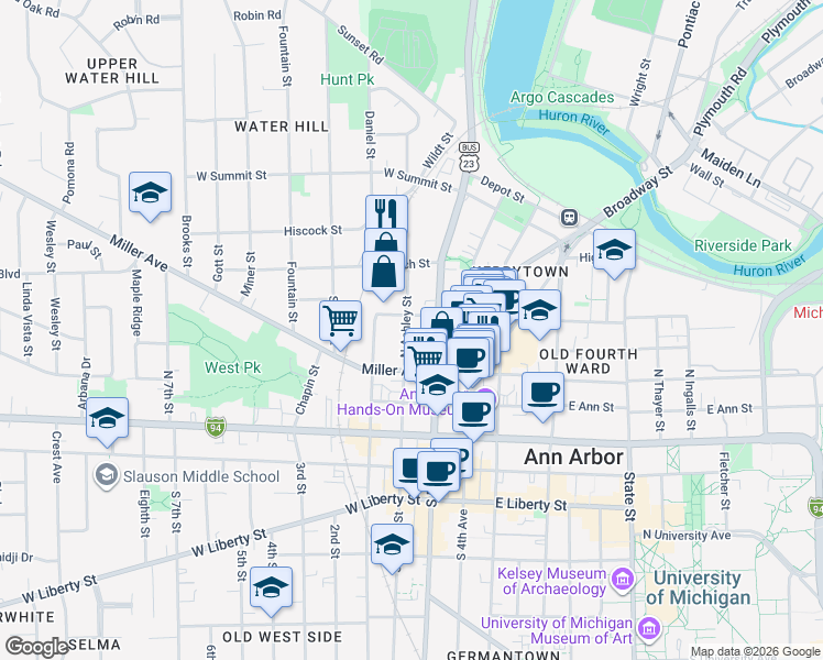 map of restaurants, bars, coffee shops, grocery stores, and more near 122 West Kingsley Street in Ann Arbor