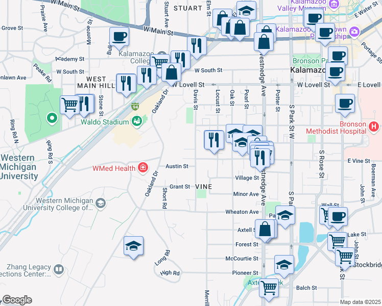 map of restaurants, bars, coffee shops, grocery stores, and more near 907 Walwood Place in Kalamazoo