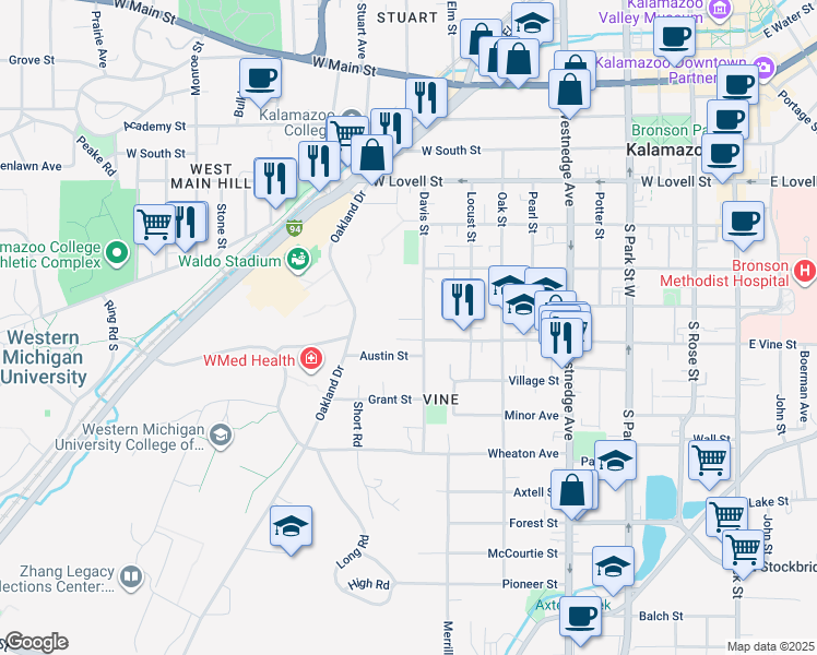 map of restaurants, bars, coffee shops, grocery stores, and more near 907 Walwood Place in Kalamazoo
