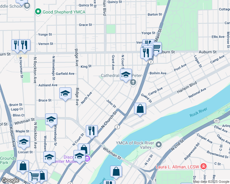map of restaurants, bars, coffee shops, grocery stores, and more near 1216 North Court Street in Rockford