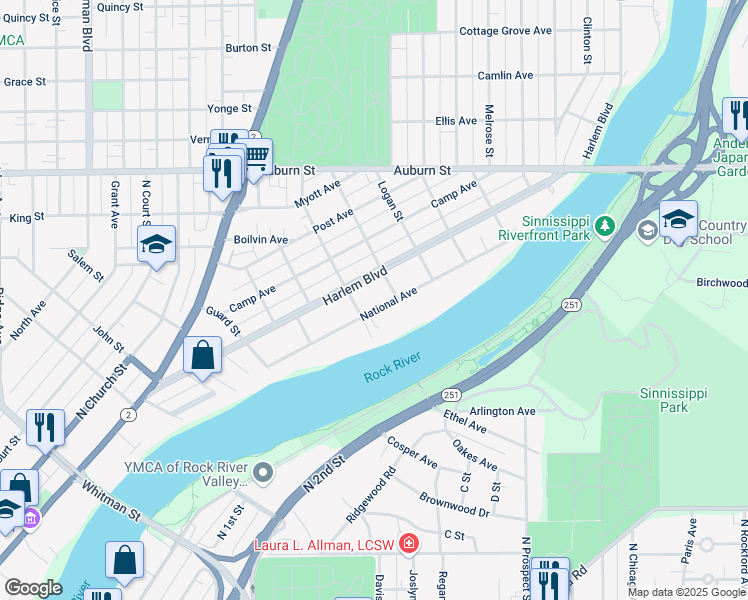 map of restaurants, bars, coffee shops, grocery stores, and more near 1525 Harlem Boulevard in Rockford