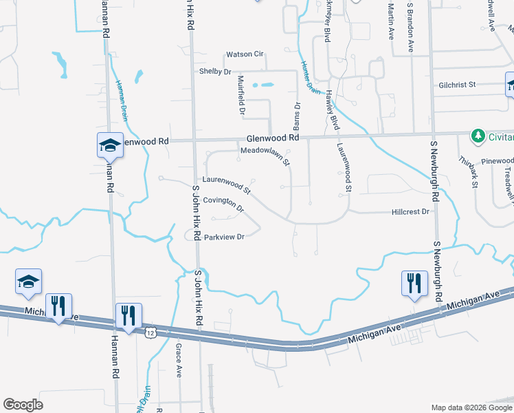 map of restaurants, bars, coffee shops, grocery stores, and more near 38614 Laurenwood Street in Wayne