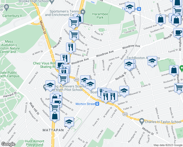 map of restaurants, bars, coffee shops, grocery stores, and more near 7 Marden Avenue in Boston