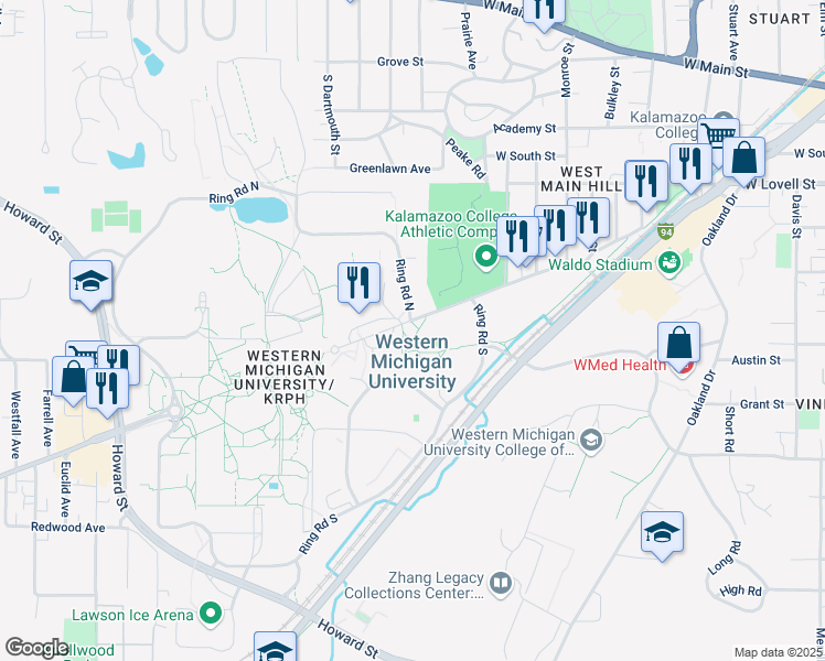 map of restaurants, bars, coffee shops, grocery stores, and more near 1903 West Michigan Avenue in Kalamazoo
