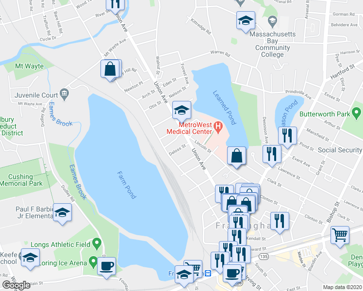 map of restaurants, bars, coffee shops, grocery stores, and more near 30 Deloss Street in Framingham