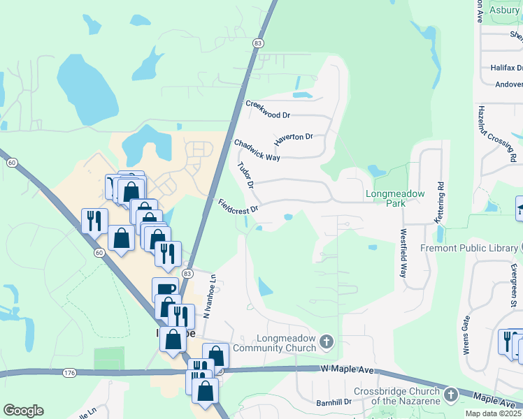map of restaurants, bars, coffee shops, grocery stores, and more near 2400 Fieldcrest Drive in Mundelein