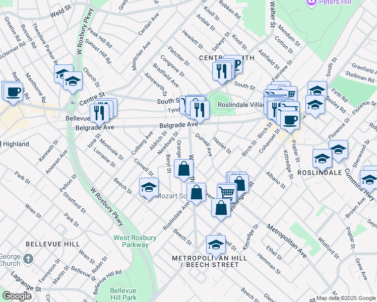 map of restaurants, bars, coffee shops, grocery stores, and more near 87 Walworth Street in Boston