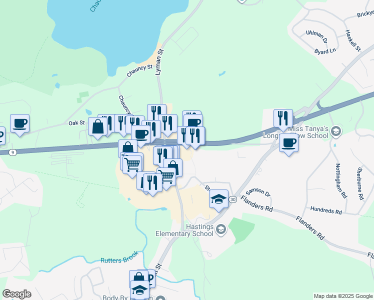 map of restaurants, bars, coffee shops, grocery stores, and more near 124 Turnpike Road in Westborough