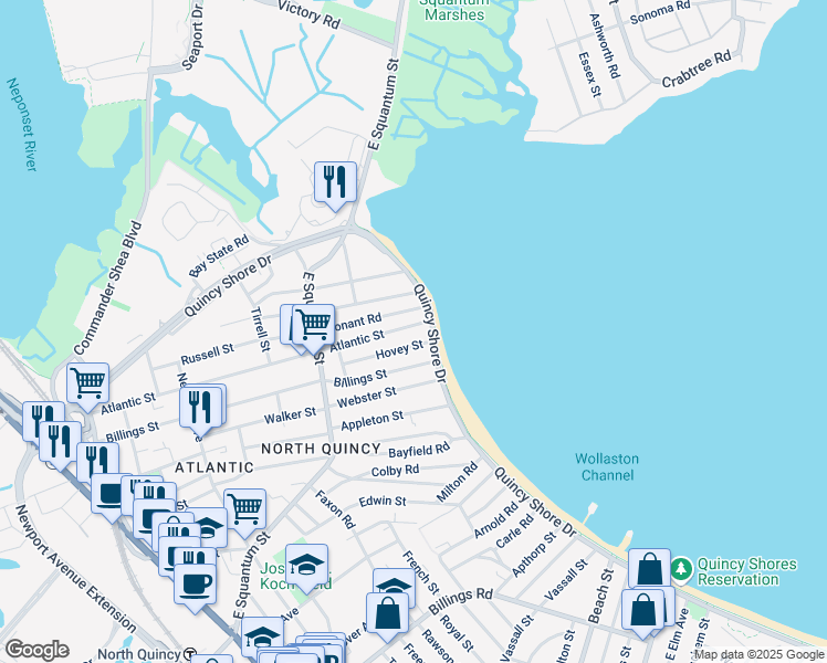 map of restaurants, bars, coffee shops, grocery stores, and more near 415 Quincy Shore Drive in Quincy