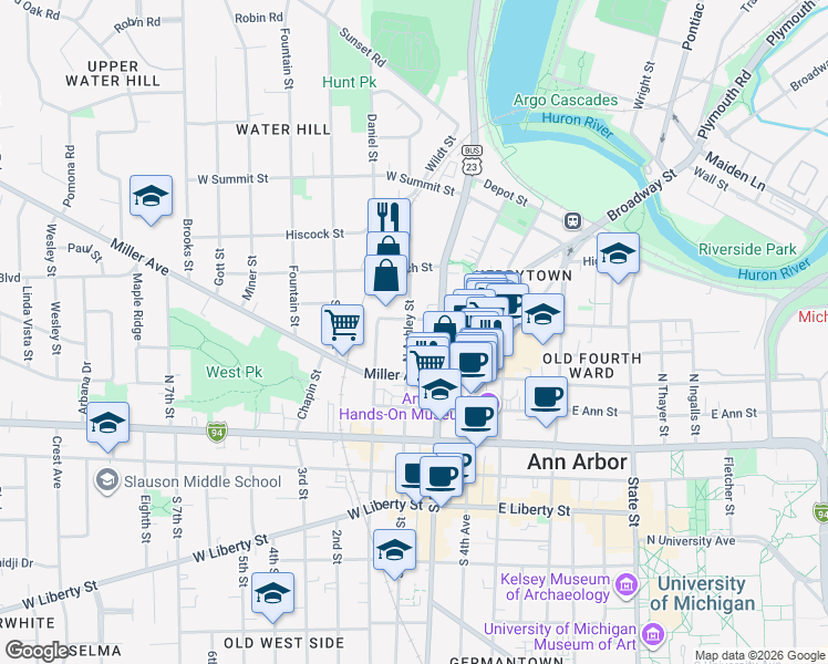 map of restaurants, bars, coffee shops, grocery stores, and more near 122 West Kingsley Street in Ann Arbor