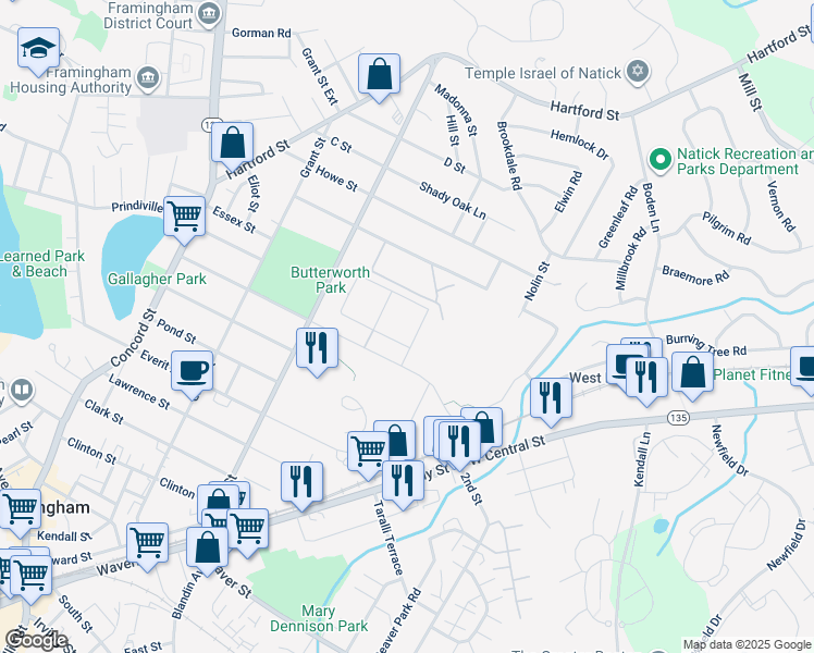 map of restaurants, bars, coffee shops, grocery stores, and more near 150 Bishop Drive in Framingham
