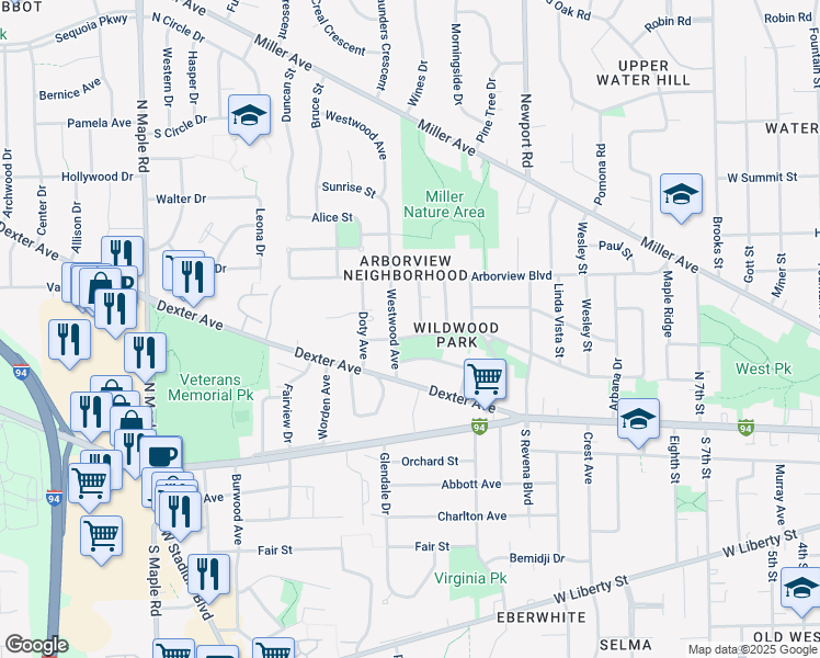 map of restaurants, bars, coffee shops, grocery stores, and more near 310 Westwood Avenue in Ann Arbor