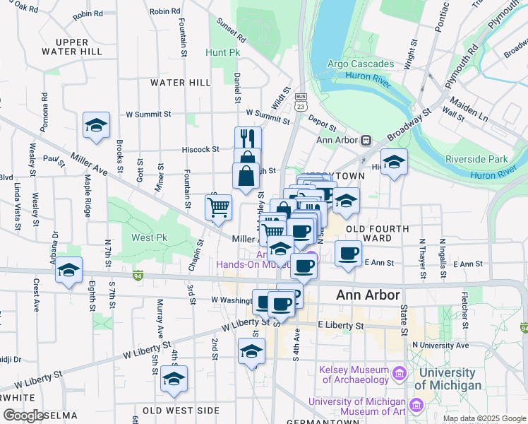 map of restaurants, bars, coffee shops, grocery stores, and more near 121 West Kingsley Street in Ann Arbor