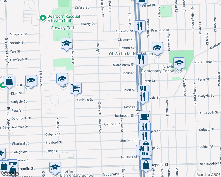 map of restaurants, bars, coffee shops, grocery stores, and more near 24425 Penn Street in Dearborn