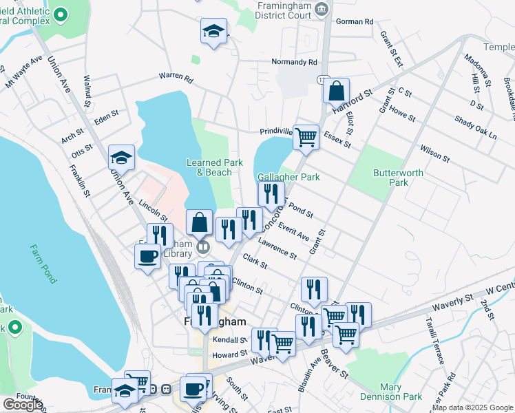 map of restaurants, bars, coffee shops, grocery stores, and more near 25 Dennison Avenue in Framingham