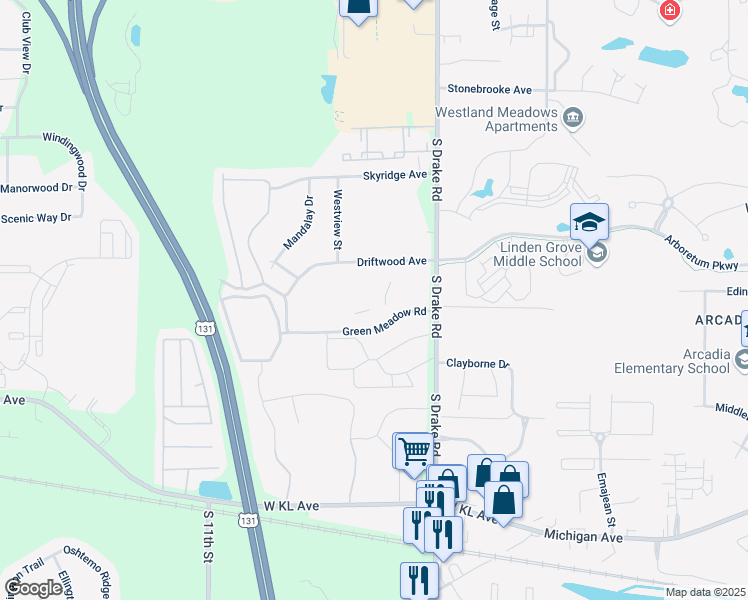 map of restaurants, bars, coffee shops, grocery stores, and more near 5200 Green Meadow Road in Kalamazoo