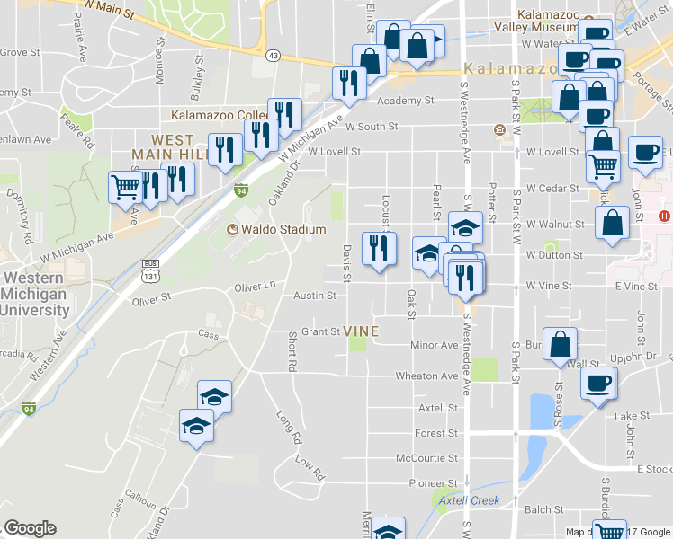 map of restaurants, bars, coffee shops, grocery stores, and more near 907 Walwood Place in Kalamazoo