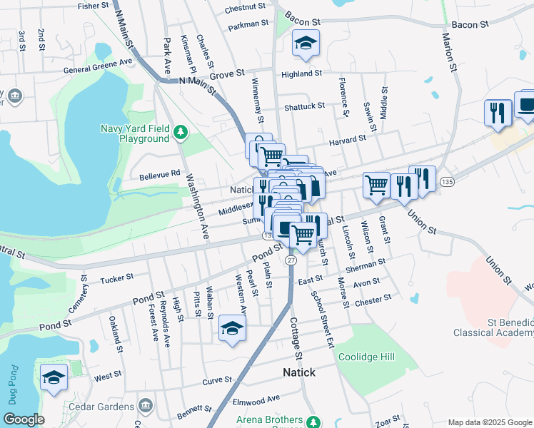 map of restaurants, bars, coffee shops, grocery stores, and more near 20 Middlesex Avenue in Natick