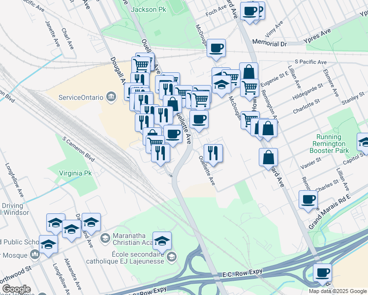 map of restaurants, bars, coffee shops, grocery stores, and more near 130 Ouellette Place in Windsor