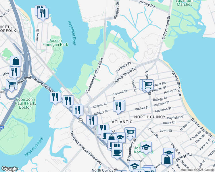 map of restaurants, bars, coffee shops, grocery stores, and more near 122 Quincy Shore Drive in Quincy