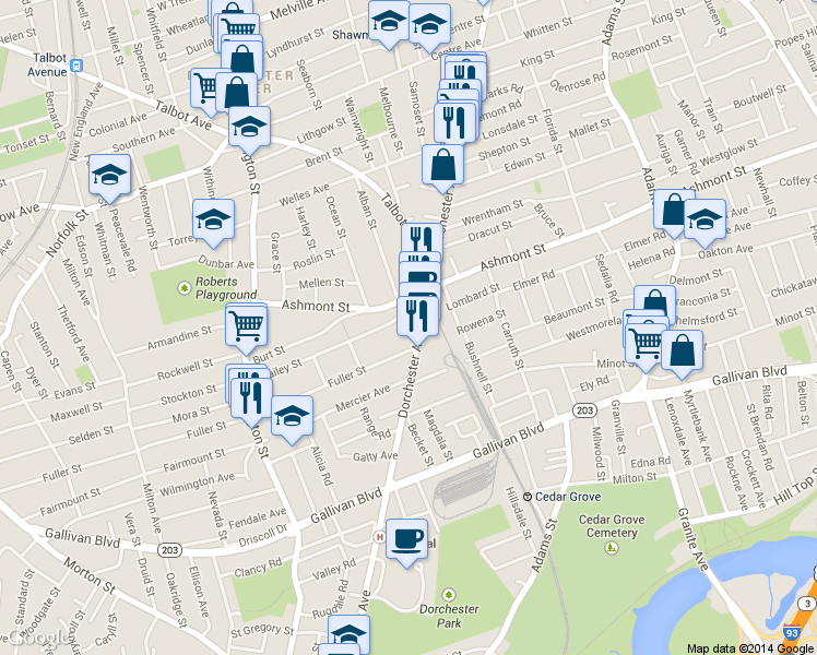 map of restaurants, bars, coffee shops, grocery stores, and more near 145 Ashmont Street in Boston