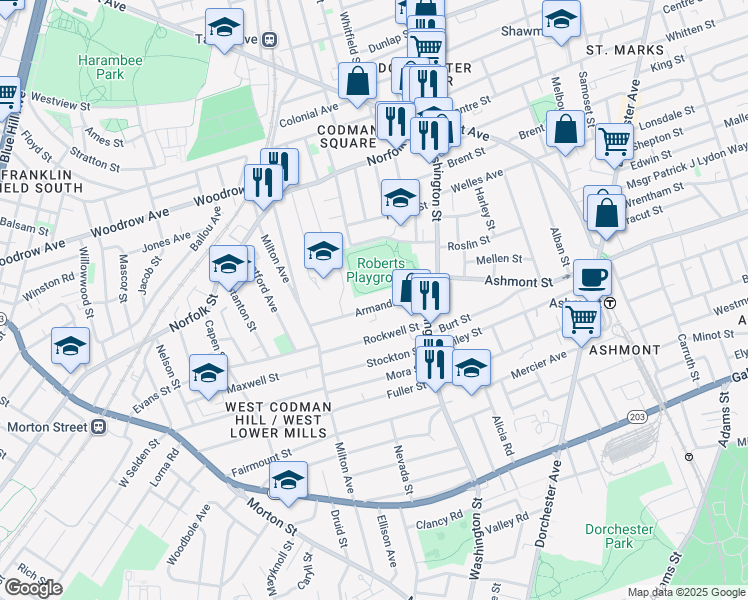 map of restaurants, bars, coffee shops, grocery stores, and more near 83-85 Armandine Street in Boston