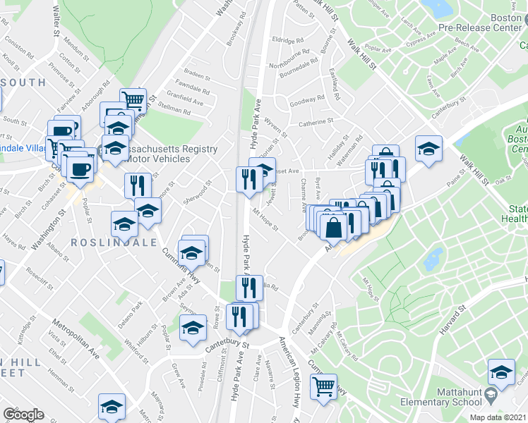 map of restaurants, bars, coffee shops, grocery stores, and more near 58 Philbrick Street in Boston