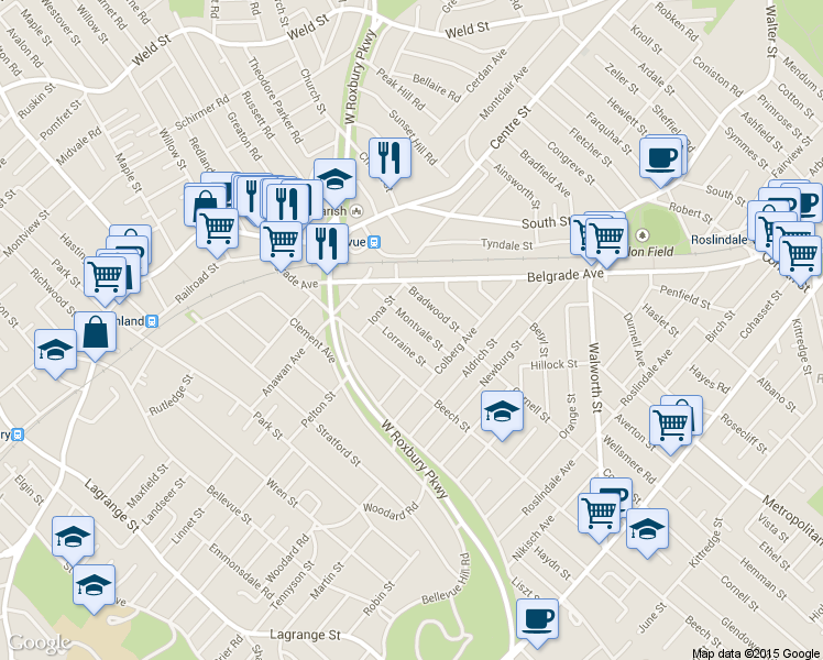 map of restaurants, bars, coffee shops, grocery stores, and more near 33 Montvale Street in Boston