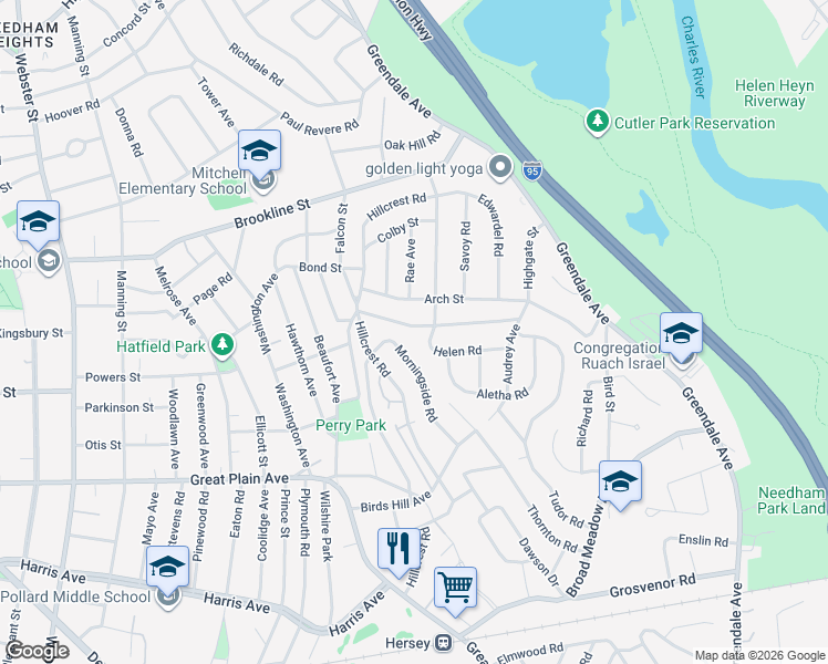 map of restaurants, bars, coffee shops, grocery stores, and more near 181 Highgate Street in Needham