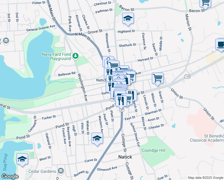 map of restaurants, bars, coffee shops, grocery stores, and more near 20 Middlesex Avenue in Natick
