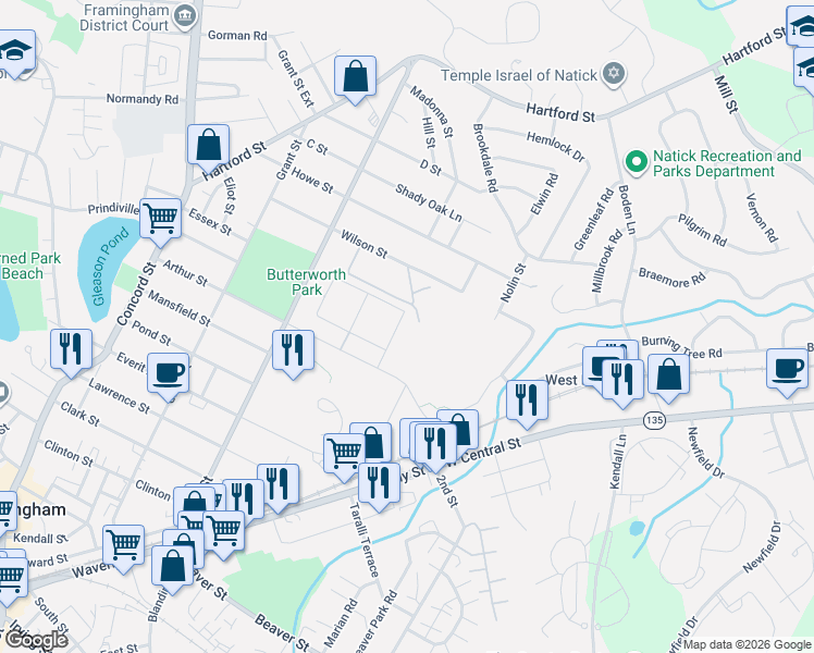 map of restaurants, bars, coffee shops, grocery stores, and more near 150 Bishop Drive in Framingham