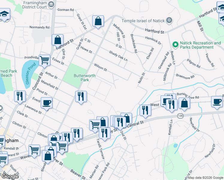 map of restaurants, bars, coffee shops, grocery stores, and more near 150 Bishop Drive in Framingham