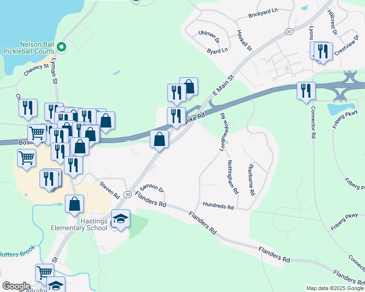 map of restaurants, bars, coffee shops, grocery stores, and more near 135 East Main Street in Westborough