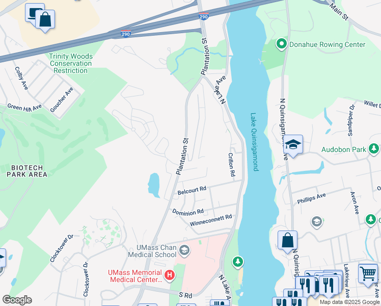 map of restaurants, bars, coffee shops, grocery stores, and more near 446 Plantation Street in Worcester