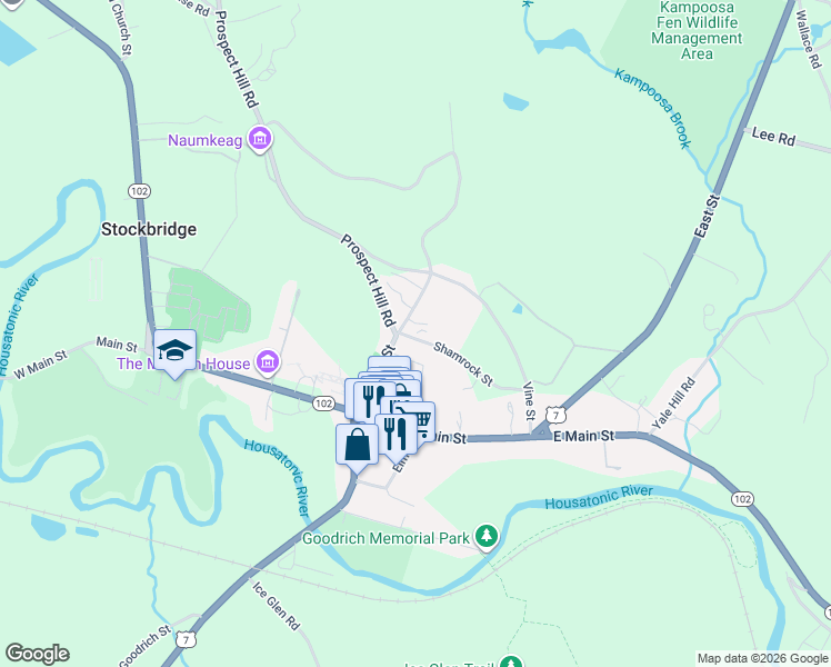 map of restaurants, bars, coffee shops, grocery stores, and more near 18 Pine Street in Stockbridge