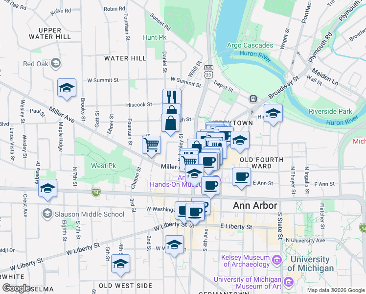 map of restaurants, bars, coffee shops, grocery stores, and more near 122 West Kingsley Street in Ann Arbor