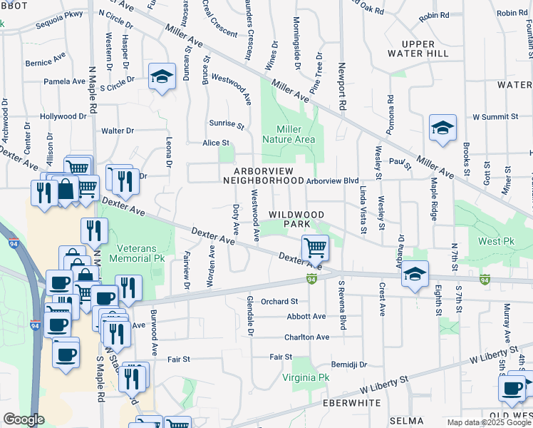 map of restaurants, bars, coffee shops, grocery stores, and more near 310 Westwood Avenue in Ann Arbor