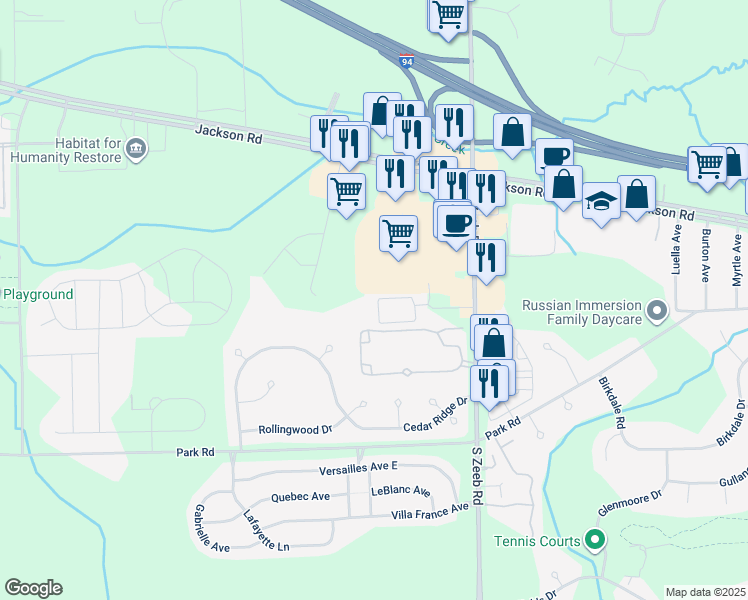 map of restaurants, bars, coffee shops, grocery stores, and more near 5570 Arbor Chase Drive in Ann Arbor