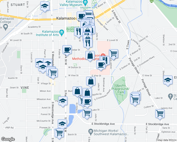 map of restaurants, bars, coffee shops, grocery stores, and more near 130 East Dutton Street in Kalamazoo
