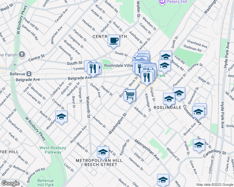 map of restaurants, bars, coffee shops, grocery stores, and more near 22 Penfield Street in Boston