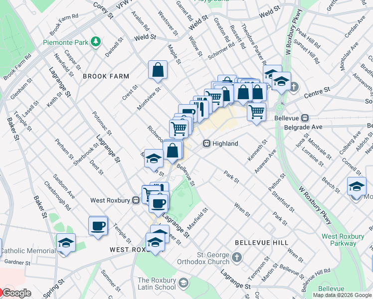 map of restaurants, bars, coffee shops, grocery stores, and more near 16 Hastings Street in Boston