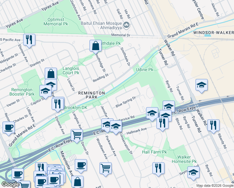map of restaurants, bars, coffee shops, grocery stores, and more near 1585 Grand Marais Road East in Windsor
