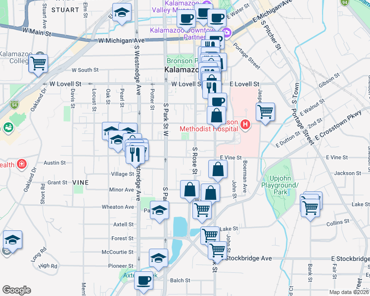 map of restaurants, bars, coffee shops, grocery stores, and more near 219 West Dutton Street in Kalamazoo