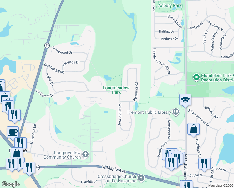 map of restaurants, bars, coffee shops, grocery stores, and more near 1821 Somerset Lane in Mundelein