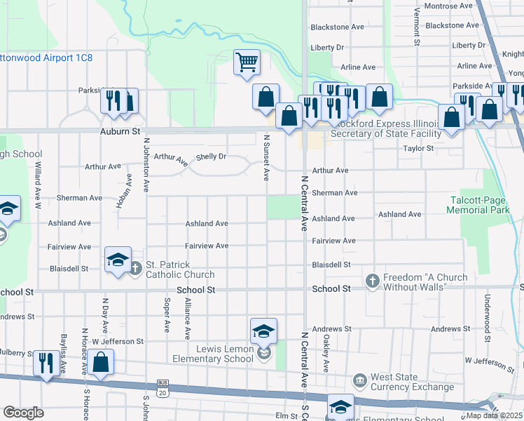 map of restaurants, bars, coffee shops, grocery stores, and more near 903 North Sunset Avenue in Rockford