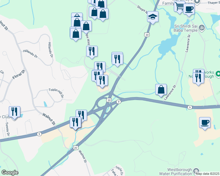 map of restaurants, bars, coffee shops, grocery stores, and more near 360 Southwest Cutoff in Northborough